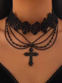 1pc Gothic Style Black Lace Choker Necklace With Cross Pendant & Tassels, Vintage Fashion Collar Necklace