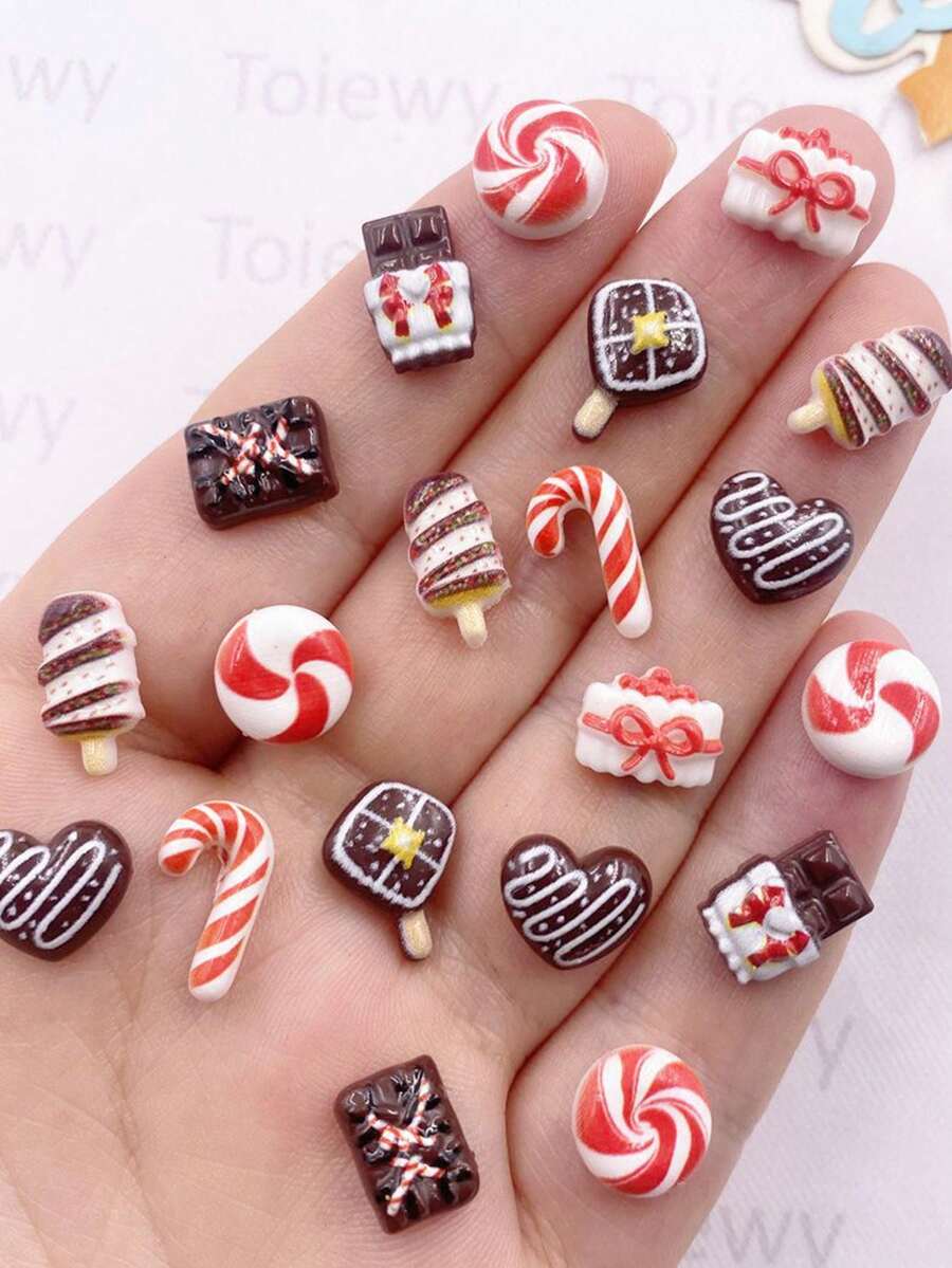 Conjunto de 30 miniaturas coloridas de resina, lindas e com desenhos animados de Natal, em formatos de bolo, varinha mágica, picolé, chocolate e doces. Perfeitas para scrapbooking, artesanato e confecção de joias. - Mistura aleatória - Ver 1