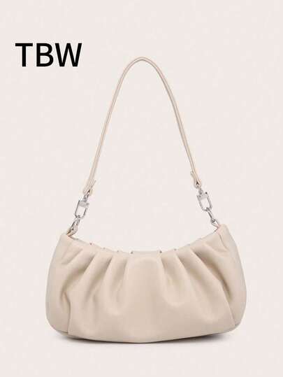 Damväska med enkel axelrem, baguetteväska, skrynklig PU, mångsidig kedjedekoration fram, enkel och lämplig för pendling, används för shoppingutflykter.