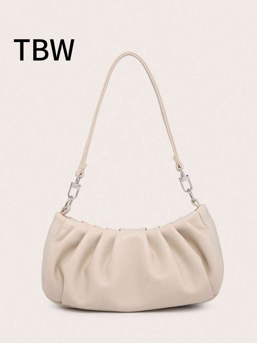 女士单肩包，法棍包，PU皱褶，百搭前链装饰，简约适合通勤，用于购物外出。 - 米色 - 查看 1
