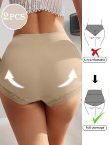 2pcs High Waist Tummy Control Panties, Suitable For Women, Post-Partum Abdomen Shaping, Lace Details, Breathable Nylon Blend, Hand Washable, Shapewear - Multicolor - View 2