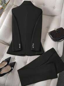 Solid Color Single Button Long Sleeve Single-Breasted Waistcoat Suit Pants Two-Piece Set - Black - View 2