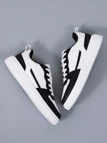 Men's Casual Lace-Up Sneakers, Stylish Skate Shoes For Everyday Wear - 黑與白 - 查看 3