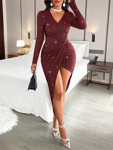 AIJ Women's Sexy Side Twist Deep V- Neck Long Sleeves High Slit Bodycon Midi Dress With Glitter Detail For Dating, Formal Dinner ,Dates, Gatherings, Birthdays, Parties,Christmas,Valentines Day
