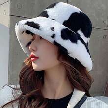Classic Autumn/Winter New Solid Color Cow Print Faux Fur Fisherman Hat, Korean Fashion Faux Fur Fluffy Thick All-Match Casual Retro Party Streetwear Polyester Fiber Decorated Hat