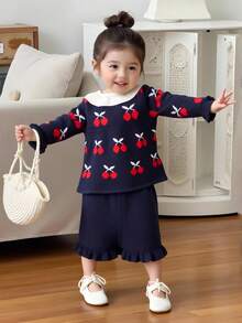 Baby Girls Casual Cute Doll Collar Cherry Pattern Navy Blue Long Sleeve Crew Neck Knitted Sweater With Knitted Shorts, Comfortable And Soft, Suitable For Daily, Vacation, School, Spring, Autumn, Winter - Royal Blue - View 6
