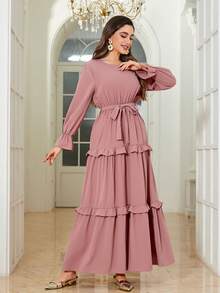 Women's Elegant Solid Color Simple Arabic Style Dress, All Season - Pink - View 4