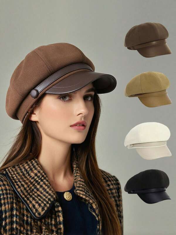 1pc Retro Octagonal Cap, Fabric With Leather Brim, Korean Style, Versatile, Fits Large Head Circumference, Japanese Painter Cap