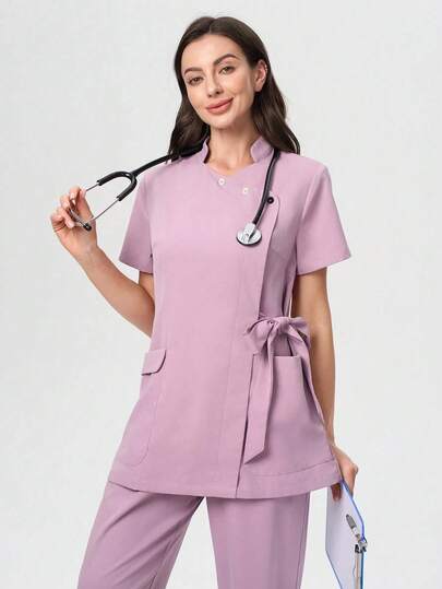 Pink Mandarin Collar Short Sleeve Multi-Pocket Scrub Set, Suitable For Housekeepers, Beauticians, Maternity Centers Spring Fall