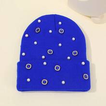 1pc INS Style Rhinestone & Pearl Knitted Beanie, Fashionable Warm Punk Fold Brim Knit Cap, Versatile Couple Hats For Autumn/Winter, Suitable For Daily, Outdoor, Cycling - Multicolor - View 8