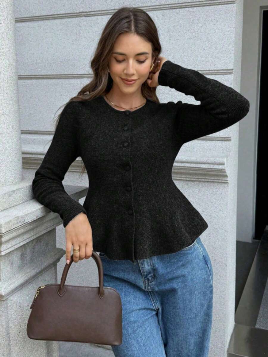 FOR BEAUTY Autumn And Winter Solid Color Round Neck Long Sleeve Waist Slimming Sweater Women's New Daily Casual Commuting Cardigan Fashionable Elegant Simple Coat Christmas Warm Sweater Top New Year
