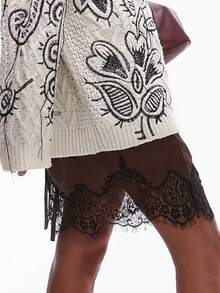 Women Lace Satin Half Slips Skirts Low Rise Lace Trim Underskirts Flowy A Line Silky Short Skirt Fairy Mini Skirt - 棕色 - 查看 3