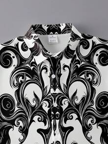 Men's Retro Geometric Print Long Sleeve Button-Down Shirt, Gothic Style Casual Formal Shirt, Suitable For Halloween, Vacation, Daily Wear, Spring & Autumn - Black and White - View 4