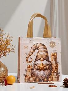 Set de 1 pungă cadou cu tematică de Crăciun aurie, pungi din material nețesut, pungi tote, pungi cadou de sărbători cu tonuri calde de aur și fulgi de zăpadă, decorate cu Moș Crăciun vesel, fulgi de zăpadă strălucitori, flori de Crăciun etc. Fiecare pungă are un mâner auriu confortabil, potrivit pentru întâlniri de familie.