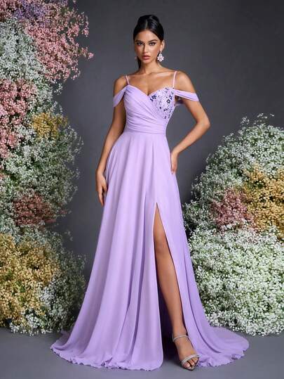 AOSHABABI Lavender Chiffon Embroidered Beaded Long Evening Gown With Off-Shoulder Strap Design, Beaded Bust, High Waist Flared Maxi Skirt, Tie-Back, Flattering Waistline, Suitable For Formal Occasions, Music Festivals, Galas, Weddings, Parties, Prom, Cocktails, Dates, Holidays, Bridesmaids