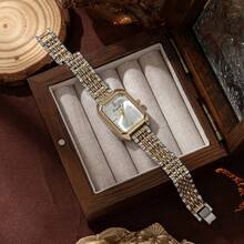 新款奢华钢带女士手表，时尚简约方形石英腕表，适合女学生 - 金色 - 查看 2