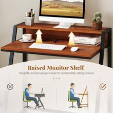 GOFLAME Computer Desk With Monitor Stand,80 Cm Small Desk Compact Desk With Ample Storage Space, 2-Tier Workstation Desk, Space-Saving Study Writing Table Dressing Table With Trapezoidal Structure For Home Office - Brown - View 8