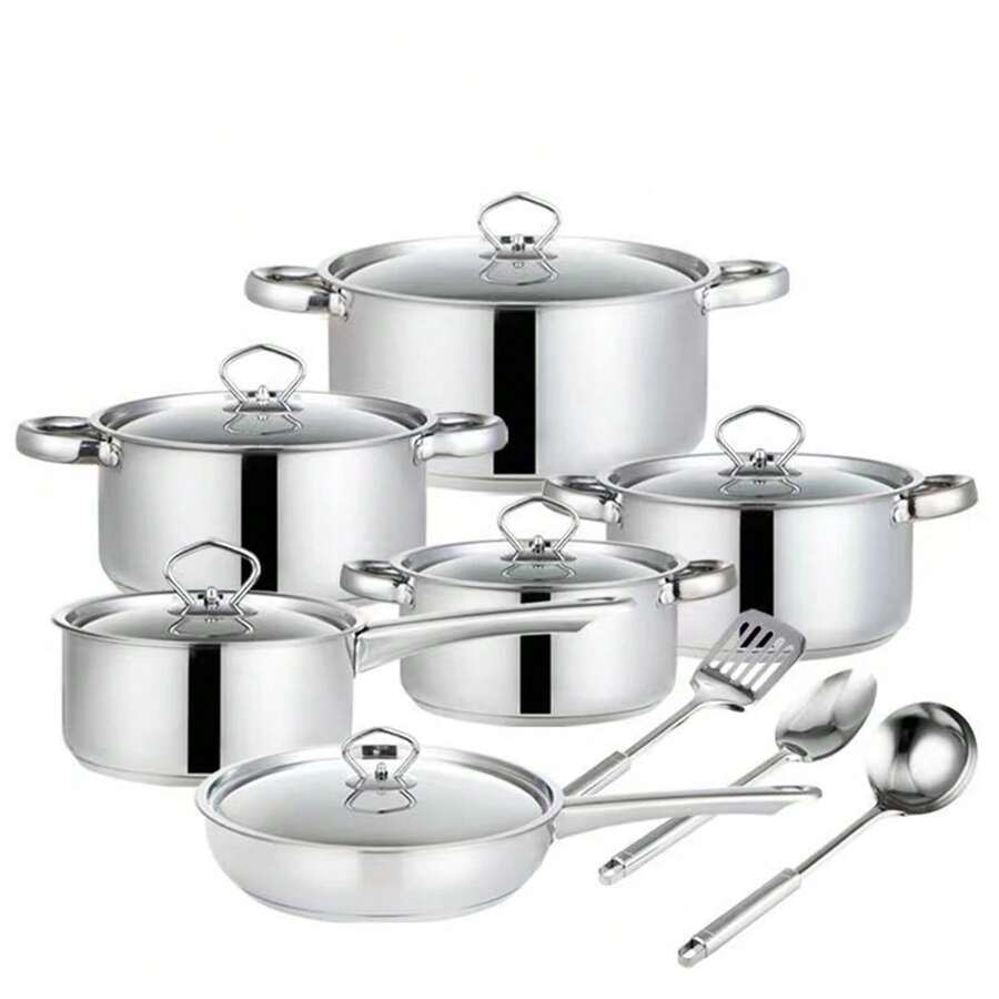 15pcs Cocina Ollas y Sartenes Acero Inoxidable Inducción Cookware Set Juego De Utensilios De Cocina Olla De Acero Inoxidable - Plateado - Ver 1