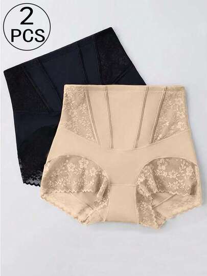 2pcs High Waist Tummy Control Panties, Suitable For Women, Post-Partum Abdomen Shaping, Lace Details, Breathable Nylon Blend, Hand Washable, Shapewear