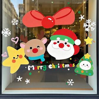 1张卡通圣诞装饰贴纸 - 静电吸附式玻璃门窗贴纸，多种尺寸可选，节日装饰，可爱圣诞贴纸，DIY派对装饰，防水可移除贴纸，儿童及成人家居装饰礼物，圣诞装饰，房间装饰，墙面装饰，墙贴，圣诞装饰