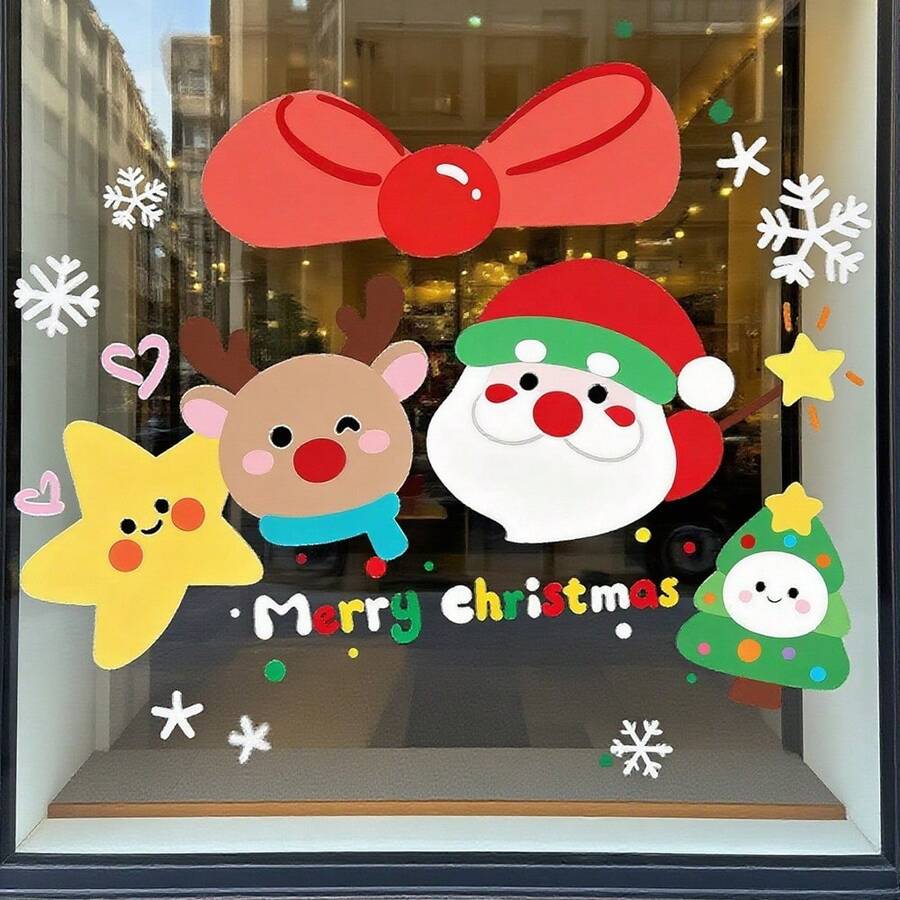 ‌1PC Cartoon Christmas Decoration Stickers - Static Cling Window Decals For Glass Door, Multiple Sizes, Festive Holiday Decorations, Cute Xmas Stickers, DIY Party Decor, Waterproof Removable Stickers, Gift For Kids & Adults Home Decor Christmas Decorations Room Decor Wall Decor Wall Stickers Wall Sticker Christmas Decorations Home