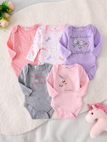 DILAVEL 5 Buah Baju Terusan Bayi Perempuan Lengan Panjang Terbaru Musim Gugur/Musim Dingin, Lembut dan Ramah Kulit, Motif Unicorn, Pakaian Merangkak, Berbagai Gaya Padu Padan untuk Pakaian Luar Ruangan - Berwarna merah muda - View 9