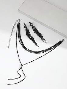 Women's Long Multilayer Necklace & Earrings Set, Geometric Pattern, Elegant For Party, Bride, Wedding Season