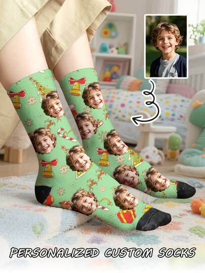 1 par de calcetines de tubo medio con diseño navideño personalizado con impresión frontal para niños, calcetines de pareja, foto personalizada a juego, calcetines de pareja divertidos, cómodos y transpirables, diseño de dibujos animados creativos, regalo perfecto para vacaciones, cumpleaños, Día de San Valentín, divertidos, locos, anime, calcetines multicolor