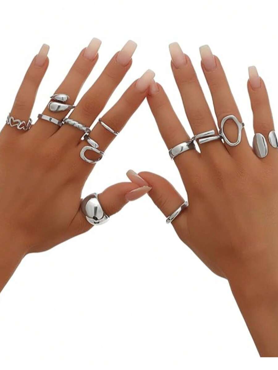 12 PCS Multi-Piece Fashion Versatile Silver & Gold-Toned Geometric, Heart & Twisted Detail Ring Set - Stackable Styles For Daily & Occasion