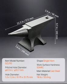 Single Horn Anvil, 110lbs Cast Steel Anvil, High Hardness Rugged Round Horn Anvil For Blacksmiths, With Large Countertop And Stable Base, Metal Working Tool For Metal Bending, Shaping, Twisting - Black - View 7