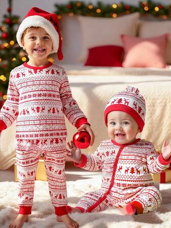 2pcs/Set Young Boys Christmas Print Crew Neck Top + Casual Pants Outfit