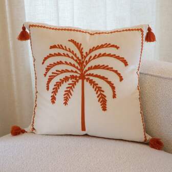 1pc Coconut Tree Embroidered Decorative Pillow Cover, Ramadan Decor, Velvet Bohemian Style, Minimalist, Suitable For Sofa Cushion, Bedroom Decoration