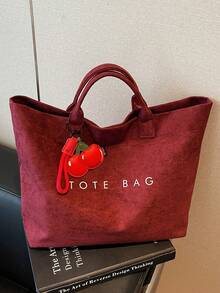 BEIKAMU 1 件纯色时尚大容量手提包，双手柄多功能手提包，适合日常通勤、购物 - 酒紅色 - 查看 7