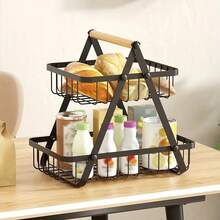 1pc Multifunctional Fruit And Vegetable Basket With Detachable Wooden Handle For Kitchen Organization And Storage, 2  Layers Of Fruit Baskets, Perfect For Kitchen Countertops, Kitchen Fruit Baskets, Kitchen Tools, Holiday Gifts - sàn zk431-2 - Xem 2