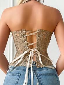 1件卡其色纹理薄纱花卉蕾丝镂空束身胸衣露脐上衣，适合日常穿着/派对/婚礼，夏季抹胸上衣 - 卡其色 - 查看 6