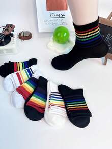 3 pares de calcetines a rayas de colores del arcoíris, calcetines transpirables de media pantorrilla, estilo callejero, adecuados para primavera, otoño e invierno