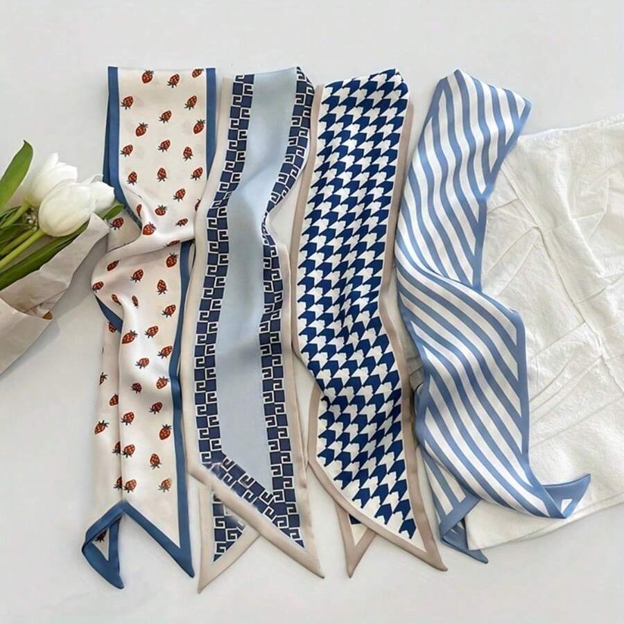 4-Pack Floral Checked Hair Rings - Soft And Elastic Ladies Hair Rope, 4 Colors Available (White/Black, Light Blue, Pink, Green) - Daily And Special Occasion Multi-Purpose Hair Accessories, Elegant And Exquisite Hair Bands, Complex Pattern Design - 藍色-4件 - 查看 1