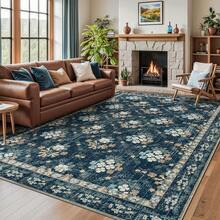 Washable Area Rug 5x7 - Soft Faux-Wool Area Rug Living Room Bedroom, Boho Vintage Floral Medallion Non-Slip Low Pile, Pet Friendly, Blue White - 海軍藍/米色 - 查看 1