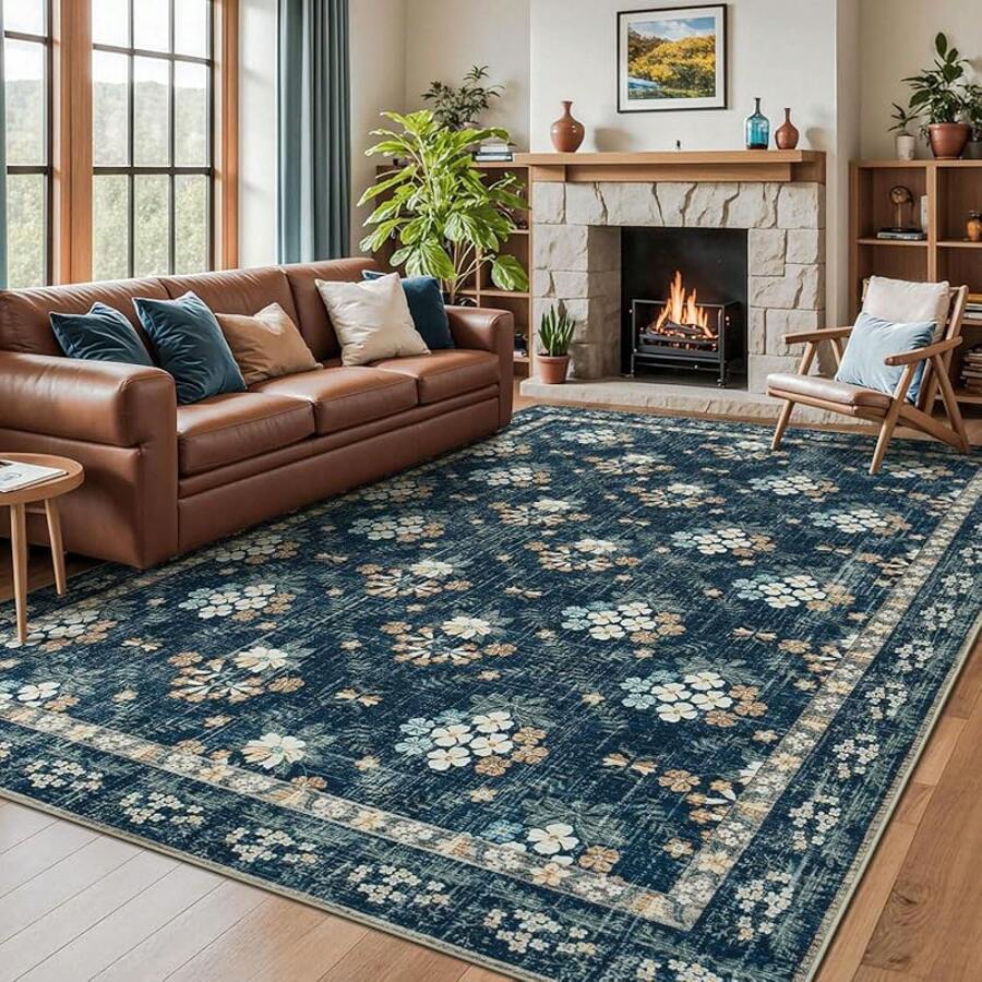 Washable Area Rug 5x7 - Soft Faux-Wool Area Rug Living Room Bedroom, Boho Vintage Floral Medallion Non-Slip Low Pile, Pet Friendly, Blue White - 海軍藍/米色 - 查看 1