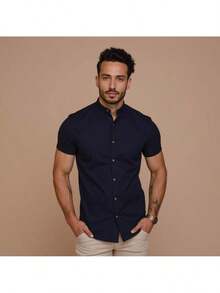Men's Priest Collar Shirt - 藏蓝色 - 查看 1