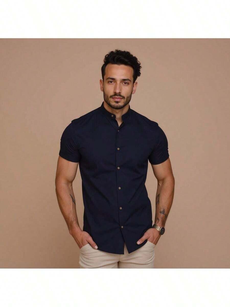 Men's Priest Collar Shirt - 藏蓝色 - 查看 1