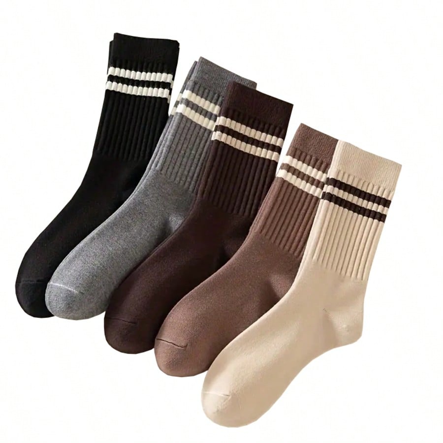 Pares de calcetines a media pierna delgados con rayas para mujer - Patrón de rayas beige y marrón, adecuados para otoño/invierno, lavables a máqui