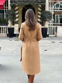 SMILE CHIC 卡其色时尚简约保暖外套，配有腰带、口袋和纽扣，适合秋冬季办公室穿着。 - 卡其色 - 查看 3