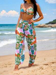 Conjunto De Bikini De 3 Piezas Con Estampado Tropical Y Corte Alto Para Playa De Verano Con Cubierta,Bañador Bikini Halter Con Estampado Tropical,Bañadores Para Fest - Multicolor - Ver 1