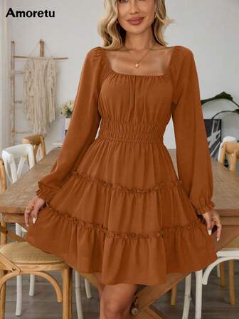 Amoretu Women Square Neck Long Sleeve Dress Tiered Ruffle A-Line Flowy Mini Dresses With Pockets