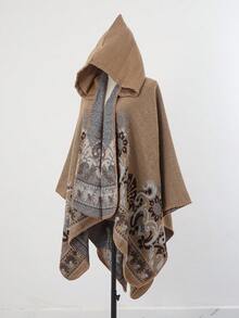 1pc Women's Fashionable Jacquard Hooded Poncho Shawl, Suitable For Daily Wear