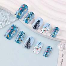 Christmas Press On Nails Blue Glossy Winter Christmas Colorful Lights Fake Nails With Designs Christmas Tree Snowflake Acrylic Nails Full Cover Medium Square Stick On Nail For Women Girls 24 Pcs - 風格 18 - 查看 9