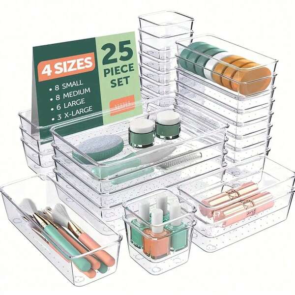 1/16/25 صندوق منظم مستحضرات التجميل للأدراج، صناديق تخزين مستحضرات العناية بالبشرة على سطح الخزانة، مجموعة منظمات أدراج بلاستيكية شفافة قابلة للتركيب، صناديق تنظيم خزانة المكياج الشفافة، صناديق تخزين أنيقة، منظمات وصناديق تخزين لأدراج المكتب، مناسبة لمستحضرات التجميل والمجوهرات والأدوات الصغيرة في المطبخ والنوم والحمام والمكتب وديكور أدراج المكتب