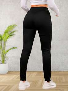 Leggings afelpado para mujer, casual, tela de poliéster y elastano, ideal para actividades al aire libre, apto para temporadas de otoño e invierno, cálidos y cómodos. Estampado decorativo en la cintura en forma de corazón. - Negro - Ver 2