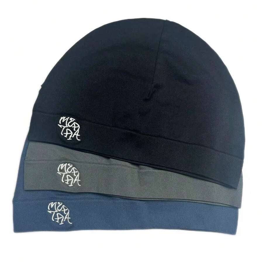 1 Mũ thể thao đạp xe ngoài trời bằng nylon màu trơn, mềm mại và thoáng khí, mũ thể thao unisex có độ đàn hồi, có che tai, thêu, thiết kế thể thao tối giản, phù hợp cho mọi mùa - MT hai hàng bên trái - Xem 1